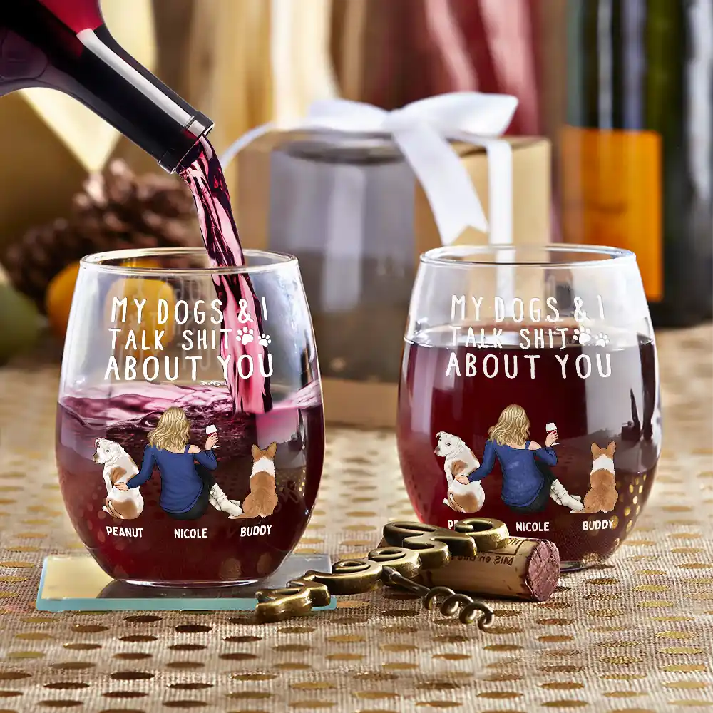 My Dog & I Talk About You - Personalized Stemless Wine Glass - Image 3