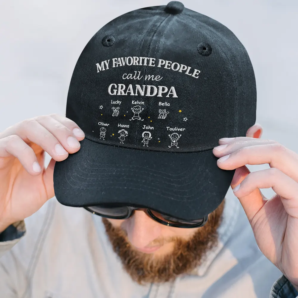 My Favorite People Call Me Dad Grandpa Embroidery Effect - Personalized Vintage Washed Denim Cap - Image 2