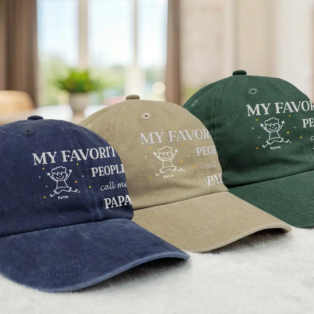My Favorite People Call Me Dad Grandpa Embroidery Effect - Personalized Vintage Washed Denim Cap - Image 3