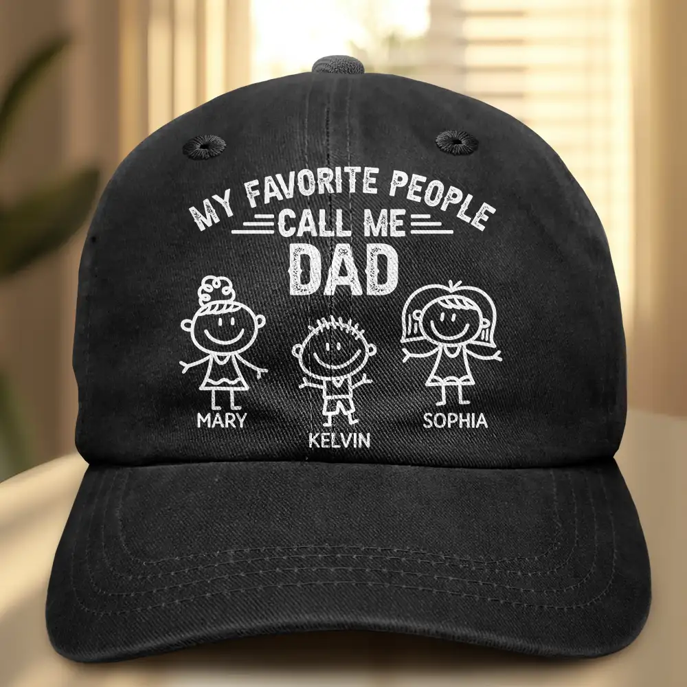 My Favorite People Call Me Papa Kid Stick Figures - Personalized Vintage Washed Denim Cap - Image 2