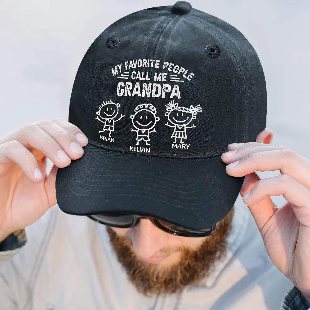 My Favorite People Call Me Papa Kid Stick Figures - Personalized Vintage Washed Denim Cap - Image 3