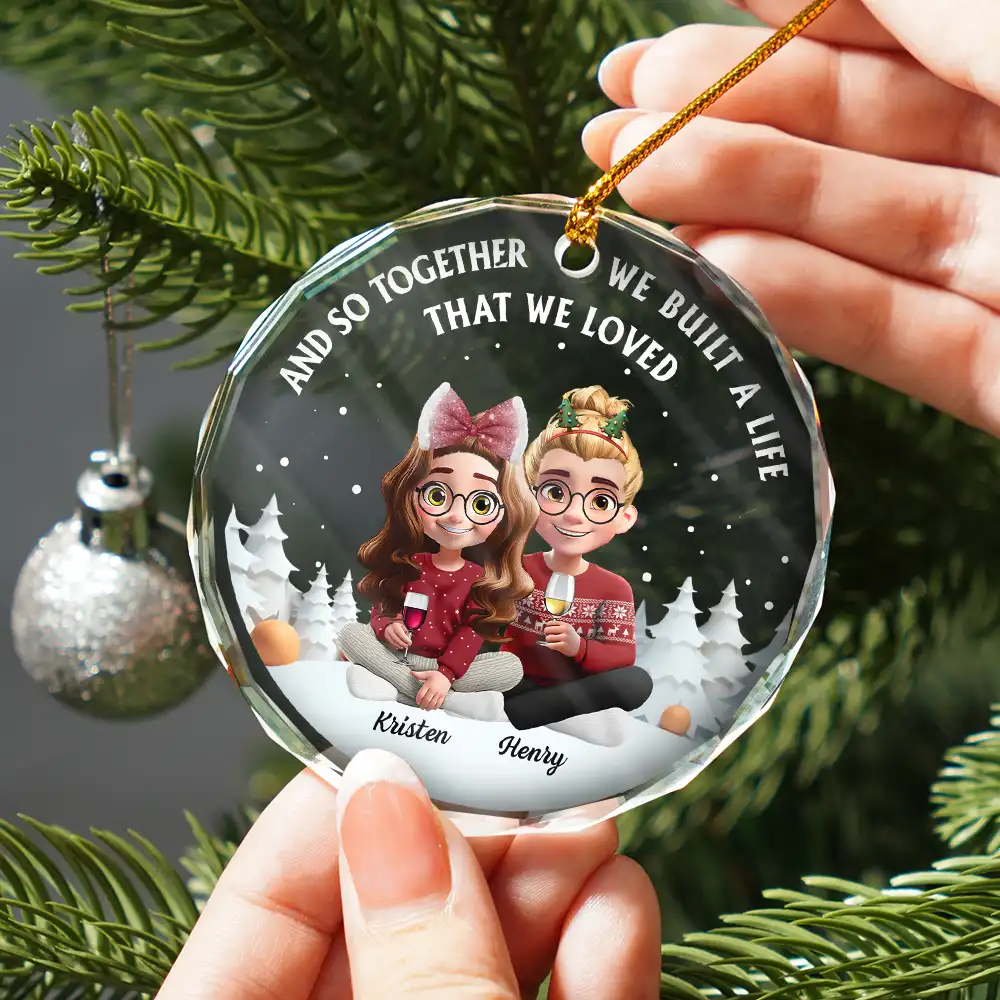My Favorite Place In All The World 3D Effect Couple Christmas - Personalized Circle Glass Ornament - Image 2