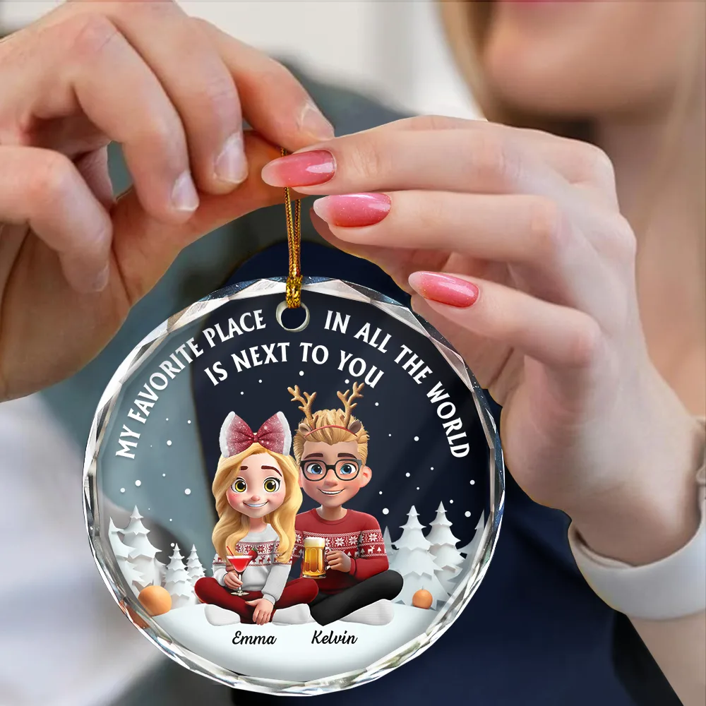 My Favorite Place In All The World 3D Effect Couple Christmas - Personalized Circle Glass Ornament - Image 4