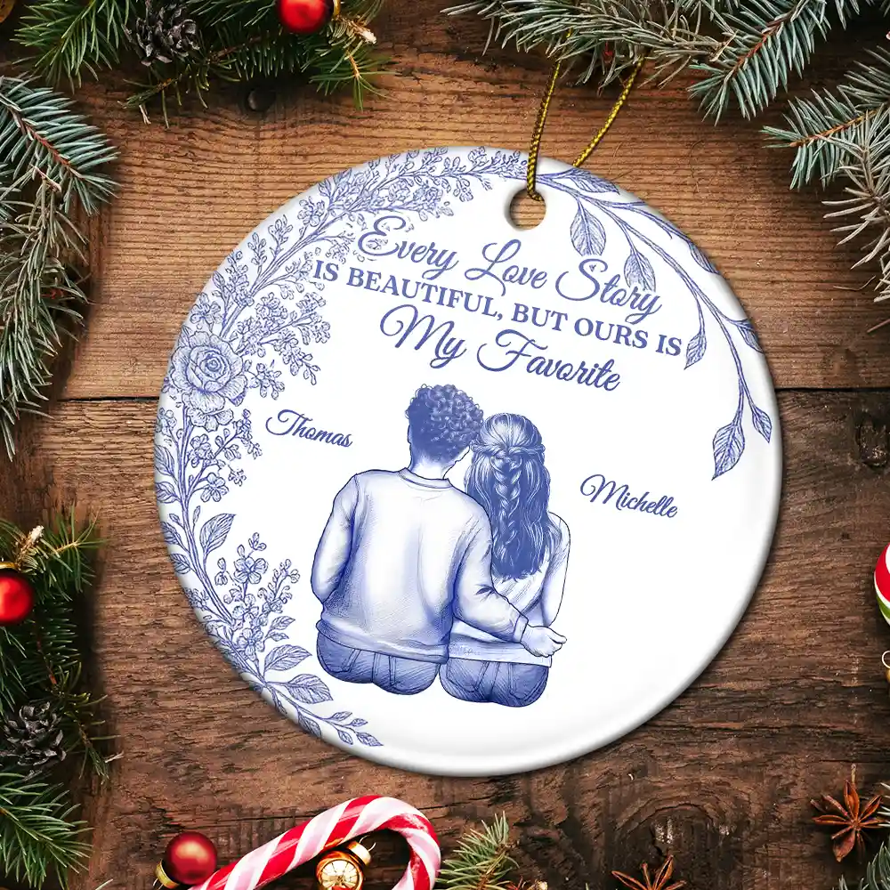 My Favorite Place In All The World Chinoiserie Toile Couple - Personalized Circle Ceramic Ornament - Image 5