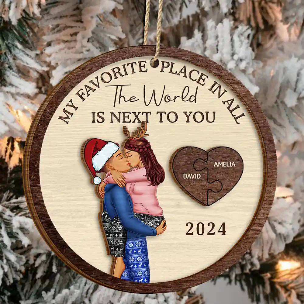 My Favorite Place In All The World Kissing Couples - Personalized 2-Layered Wooden Ornament - Image 3