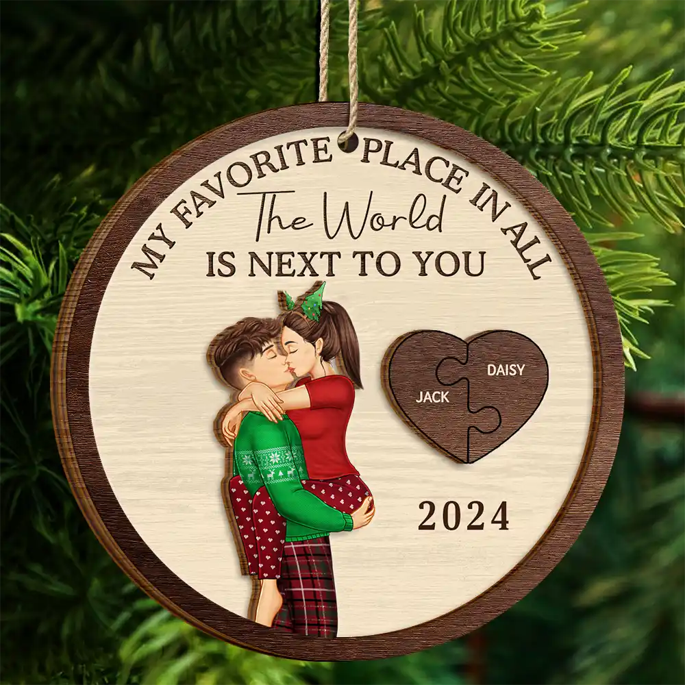 My Favorite Place In All The World Kissing Couples - Personalized 2-Layered Wooden Ornament - Image 4