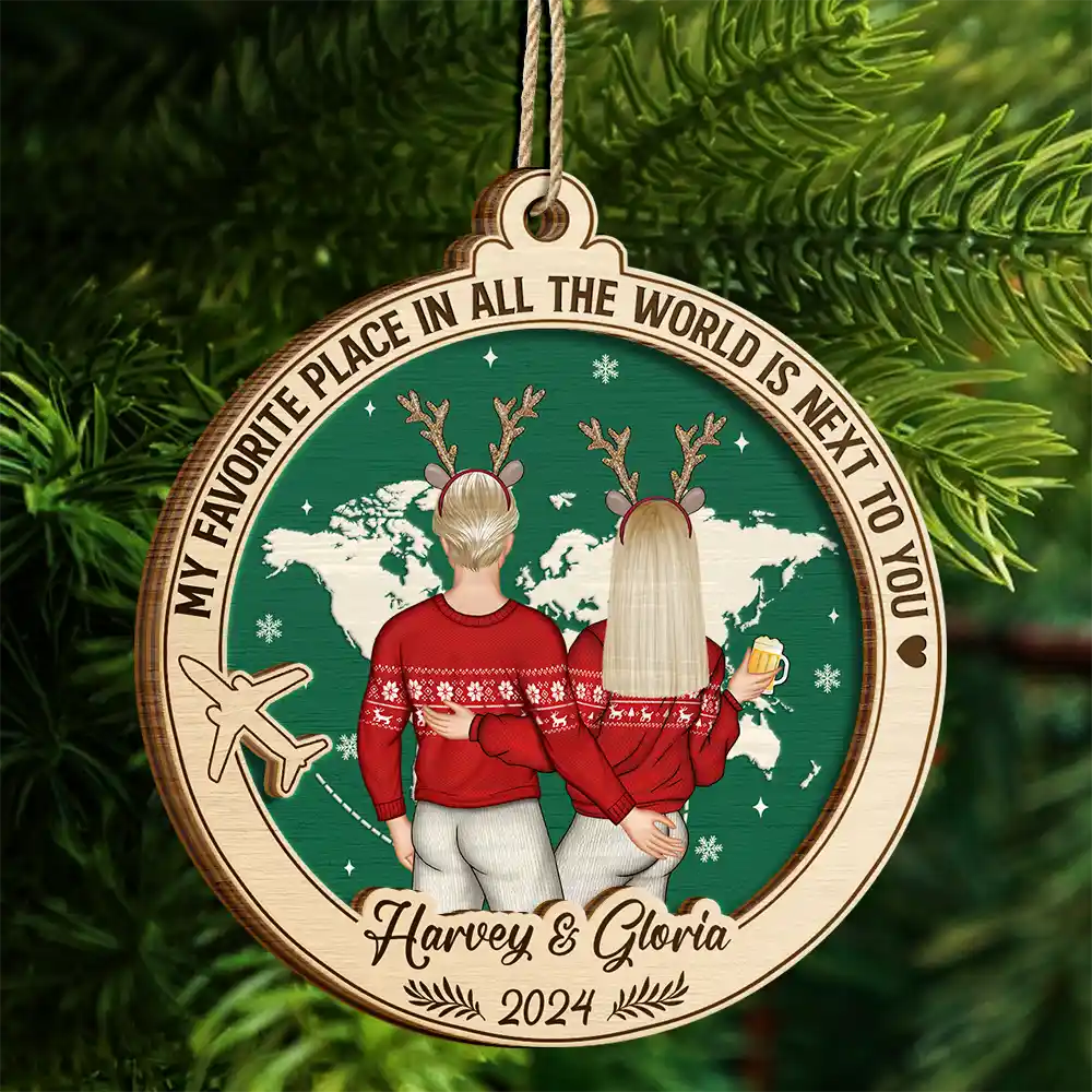 My Favorite Place Is Next To You World Map - Personalized 2-Layered Wooden Ornament - Image 4