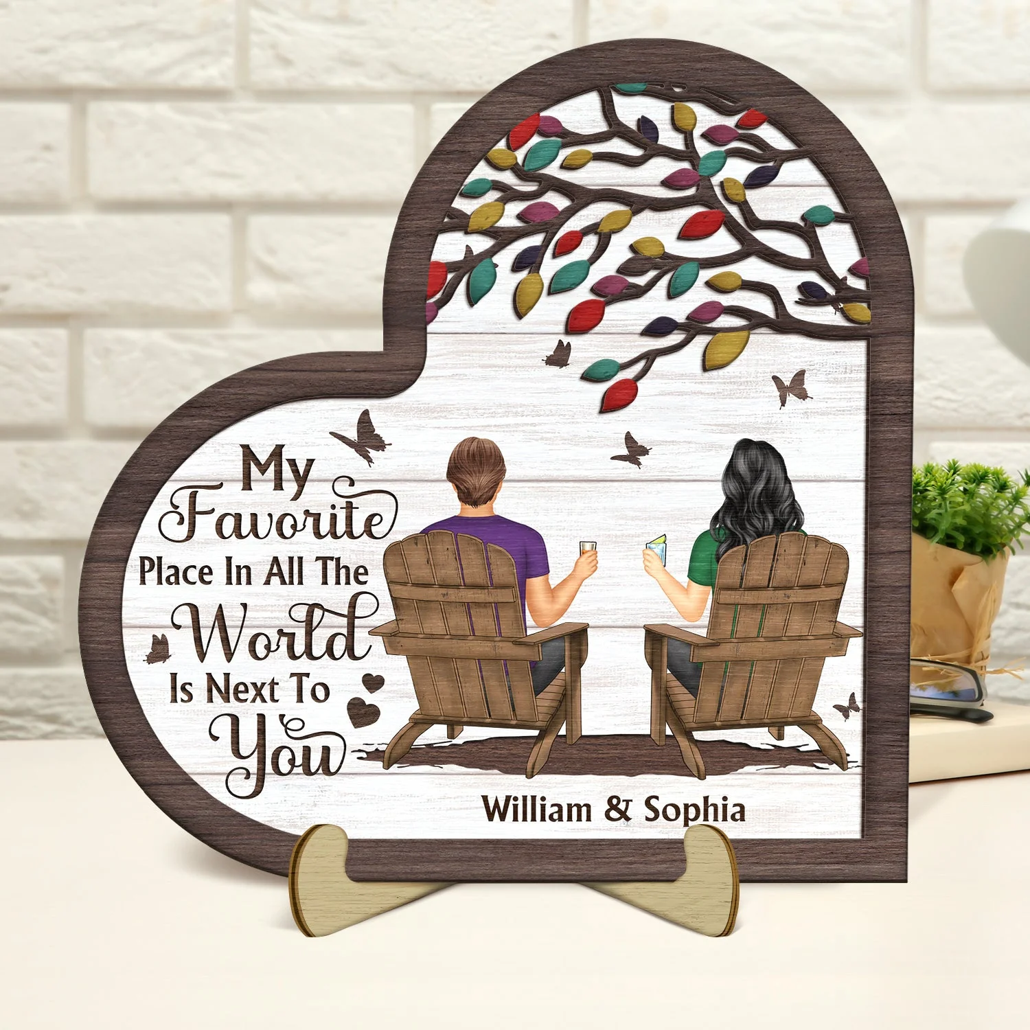 My Favourite Place In All The World - Gift For Couples - Personalized 2-Layered Wooden Plaque With Stand - Image 4