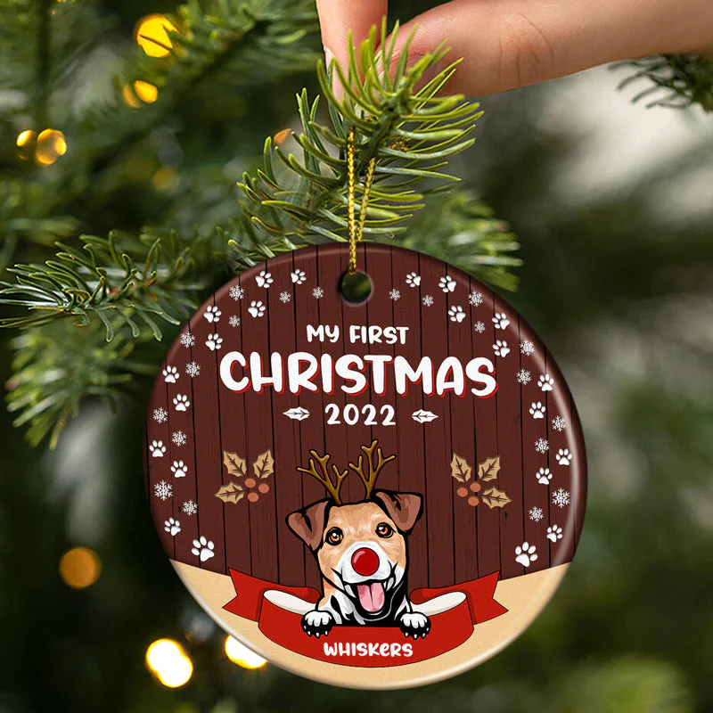My First Christmas - Christmas Gift For Dog & Cat Lovers - Personalized Custom Circle Ceramic Ornament - Image 2