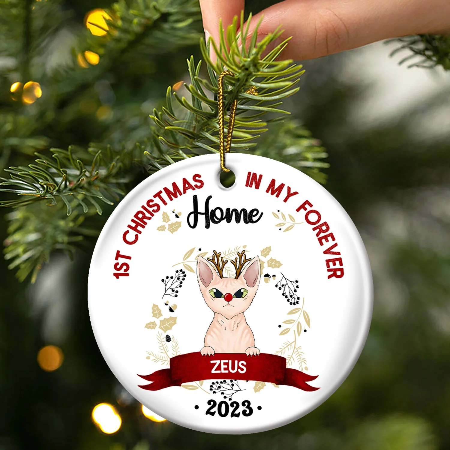 My First Christmas - Gift For Cat Owners - Personalized Circle Ceramic Ornament - Image 3