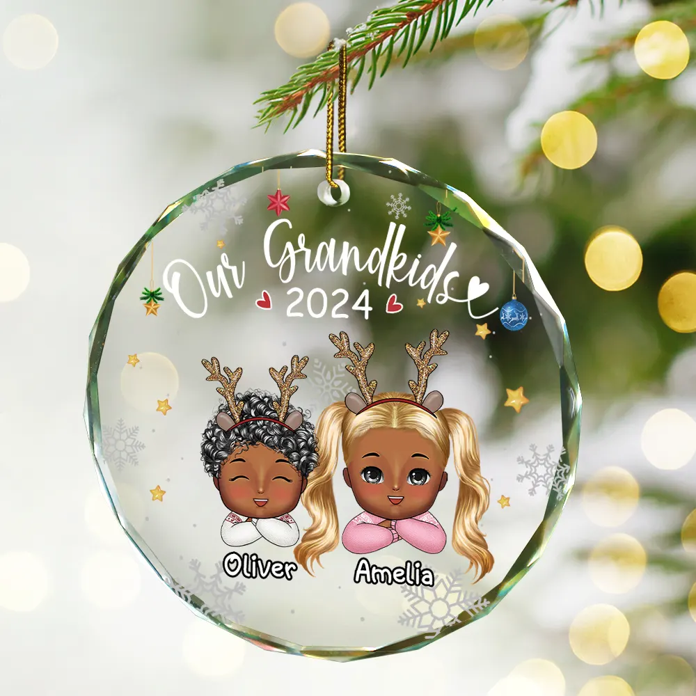 My Grandkids Grandparents Family Chibi - Personalized Circle Glass Ornament - Image 2