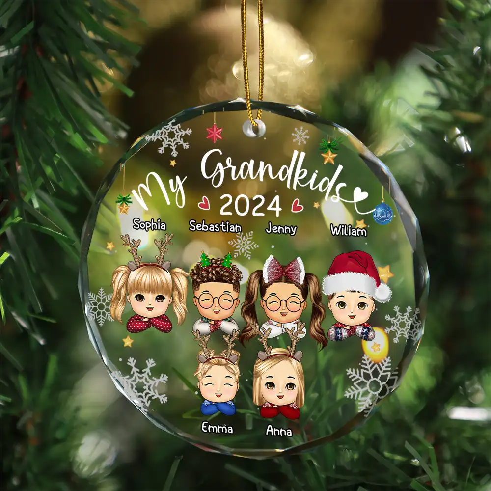 My Grandkids Grandparents Family Chibi - Personalized Circle Glass Ornament - Image 3