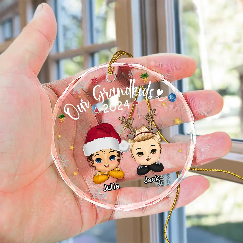 My Grandkids Grandparents Family Chibi - Personalized Circle Glass Ornament - Image 4