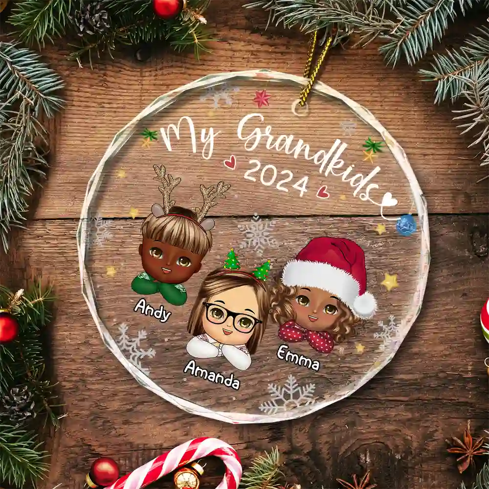 My Grandkids Grandparents Family Chibi - Personalized Circle Glass Ornament - Image 5