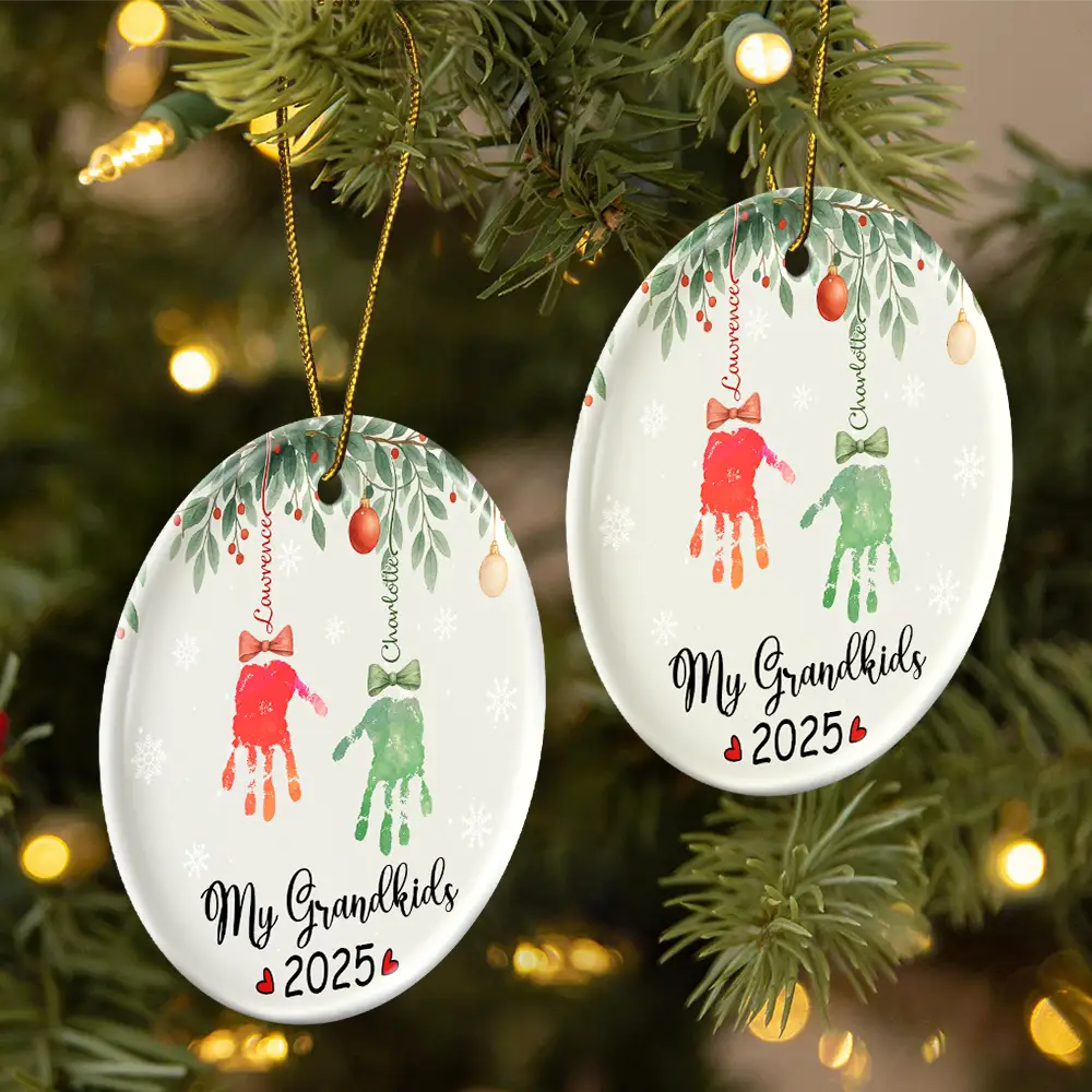 My Grandkids Handprints - Personalized Circle Ceramic Ornament - Image 2