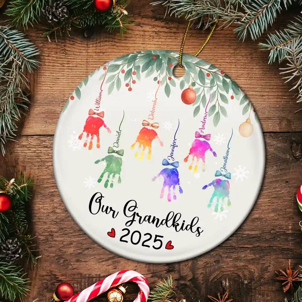 My Grandkids Handprints - Personalized Circle Ceramic Ornament - Image 5