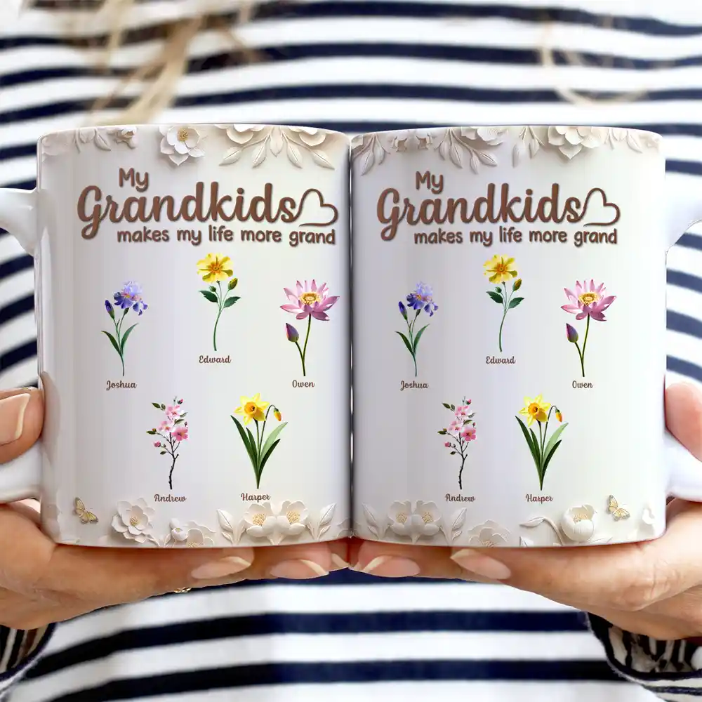 My Grandkids Make My Life Grandma 3D Pottery Effect Birth Flower - Personalized White Edge-to-Edge Mug - Image 2
