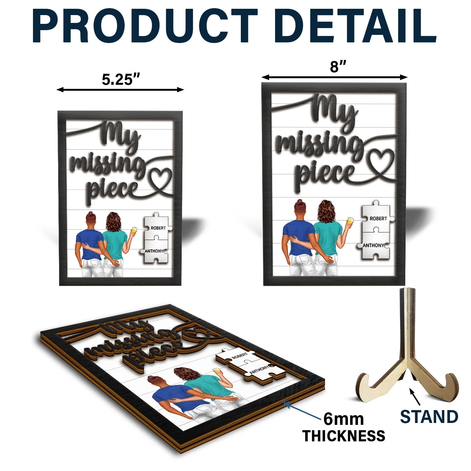 My Missing Piece Backside Couple - Gift For Couples, Husband, Wife - Personalized 2-Layered Wooden Plaque With Stand - Image 5