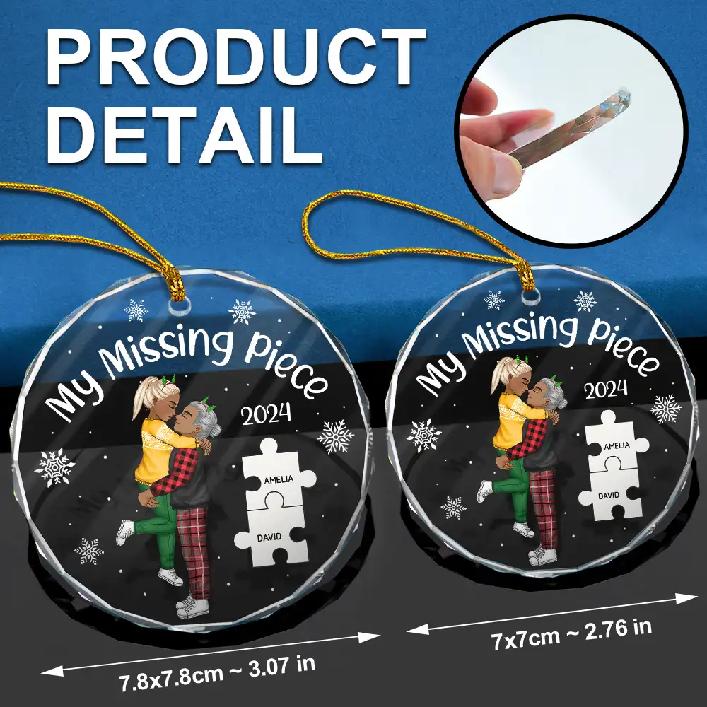 My Missing Piece Christmas Cartoon Kissing Couple - Personalized Circle Glass Ornament - Image 6