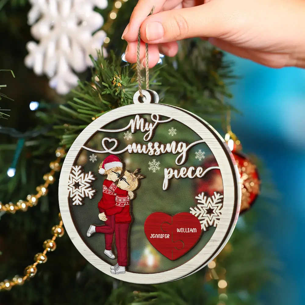 My Missing Piece Christmas Couple Hugging Kissing - Personalized 2-Layered Mix Ornament - Image 4