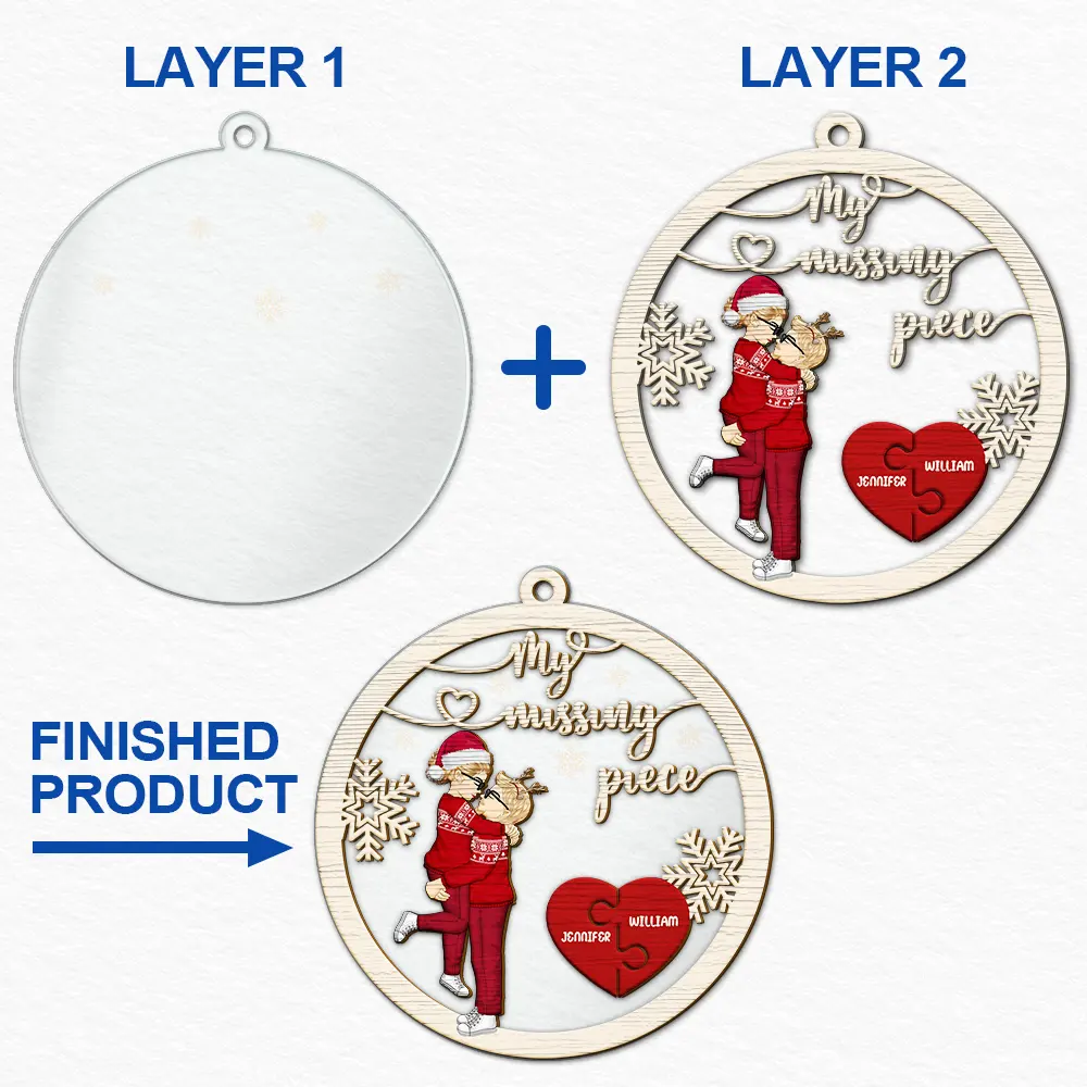 My Missing Piece Christmas Couple Hugging Kissing - Personalized 2-Layered Mix Ornament - Image 6