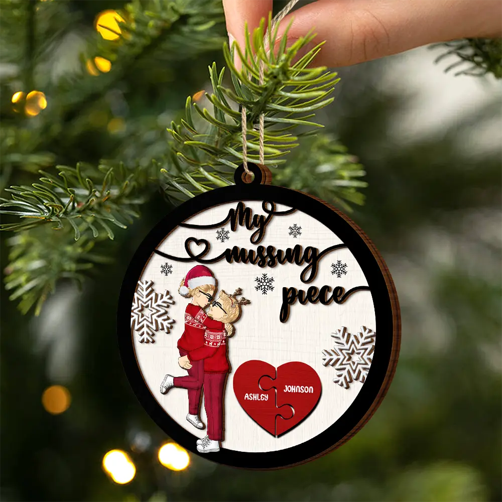 My Missing Piece Christmas Couple Hugging Kissing - Personalized 2-Layered Wooden Ornament - Image 2