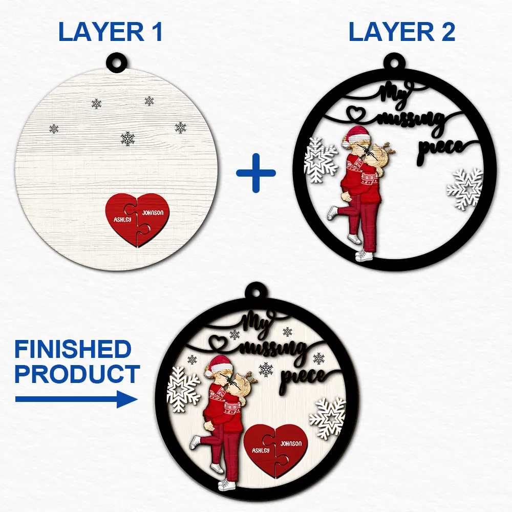 My Missing Piece Christmas Couple Hugging Kissing - Personalized 2-Layered Wooden Ornament - Image 6