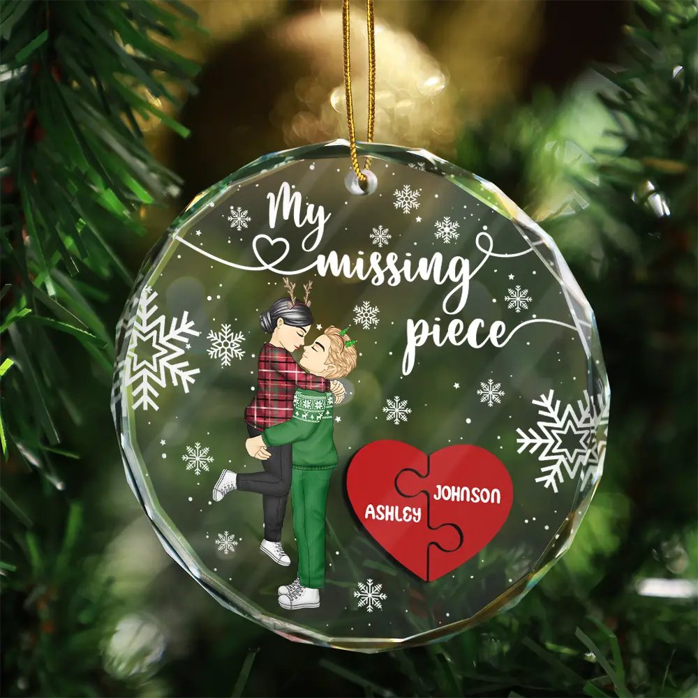 My Missing Piece Christmas Couple Hugging Kissing - Personalized Circle Glass Ornament - Image 3