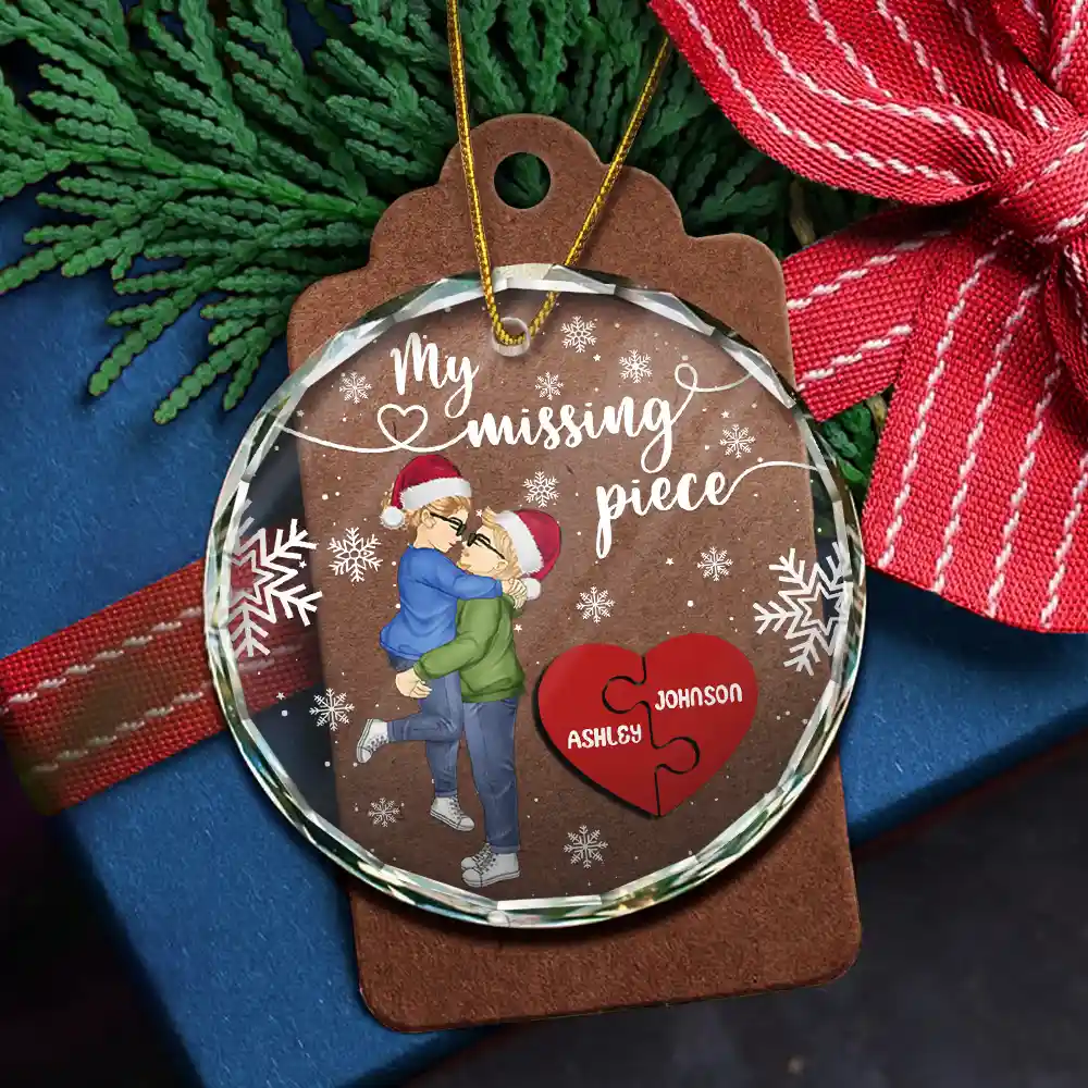 My Missing Piece Christmas Couple Hugging Kissing - Personalized Circle Glass Ornament - Image 5