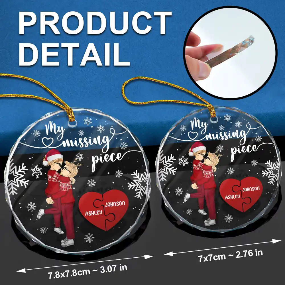 My Missing Piece Christmas Couple Hugging Kissing - Personalized Circle Glass Ornament - Image 6