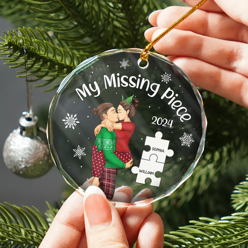 My Missing Piece Christmas Couple - Personalized Circle Glass Ornament - Image 2