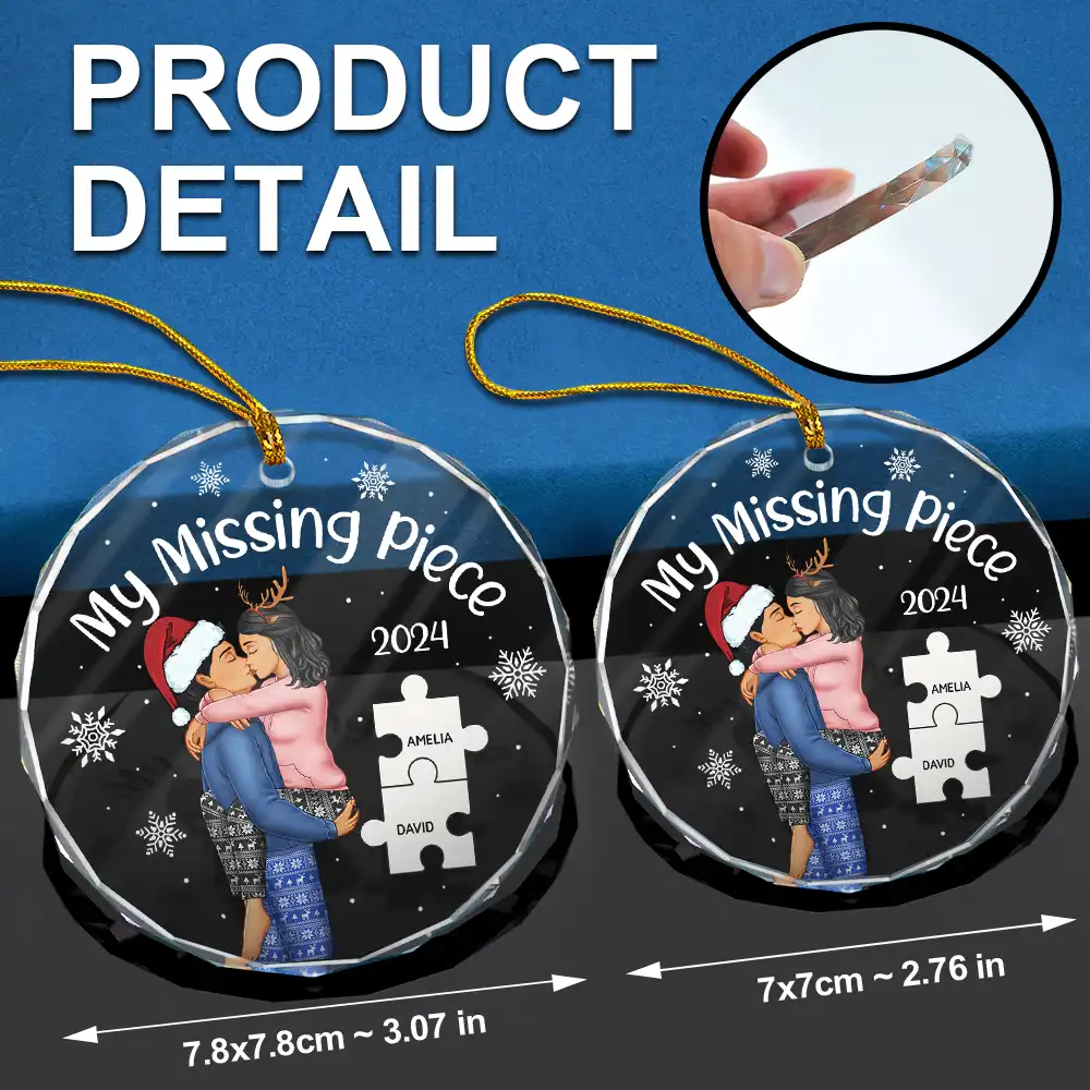My Missing Piece Christmas Couple - Personalized Circle Glass Ornament - Image 6