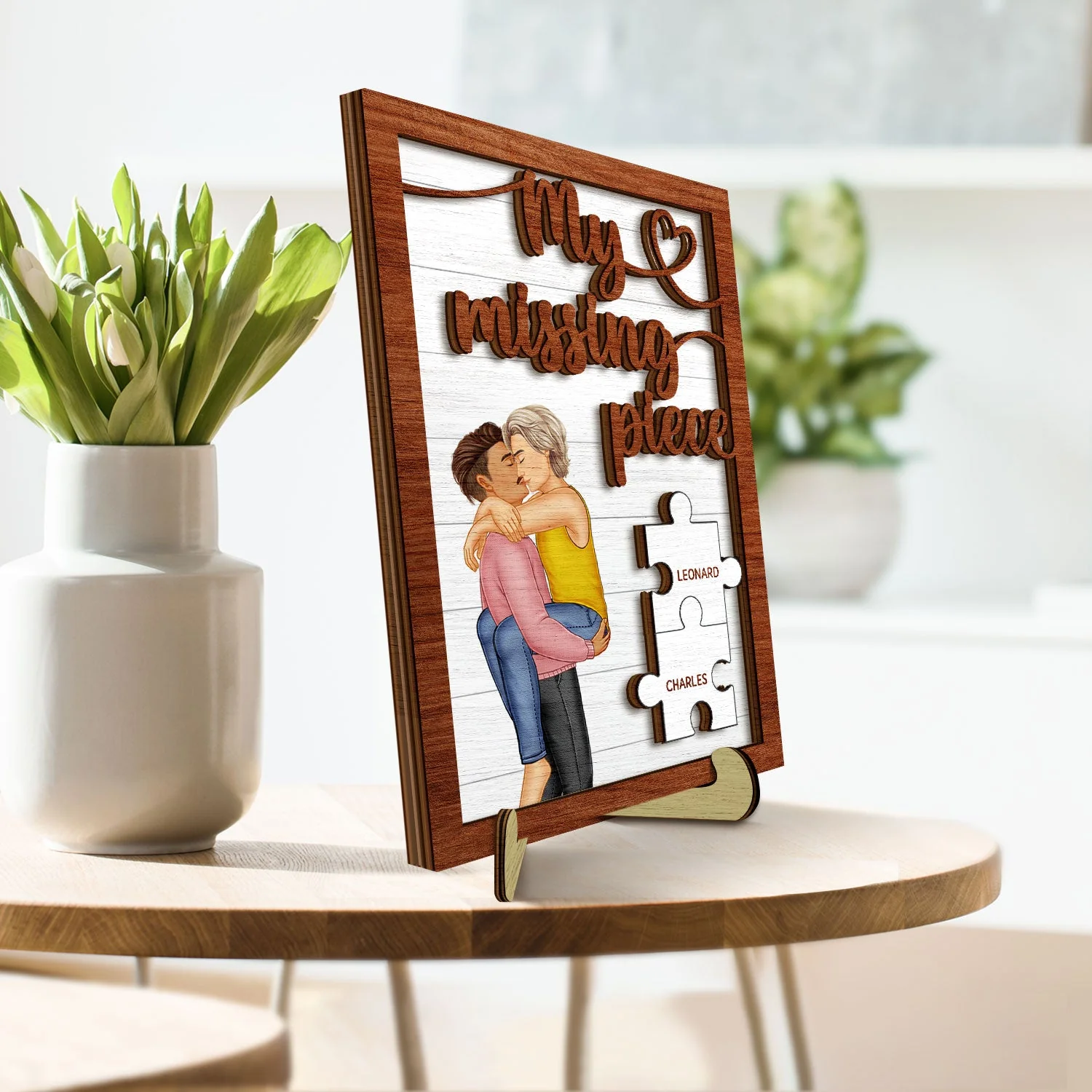 My Missing Piece Kissing Couple - Gift For Couples, Husband, Wife - Personalized 2-Layered Wooden Plaque With Stand - Image 3