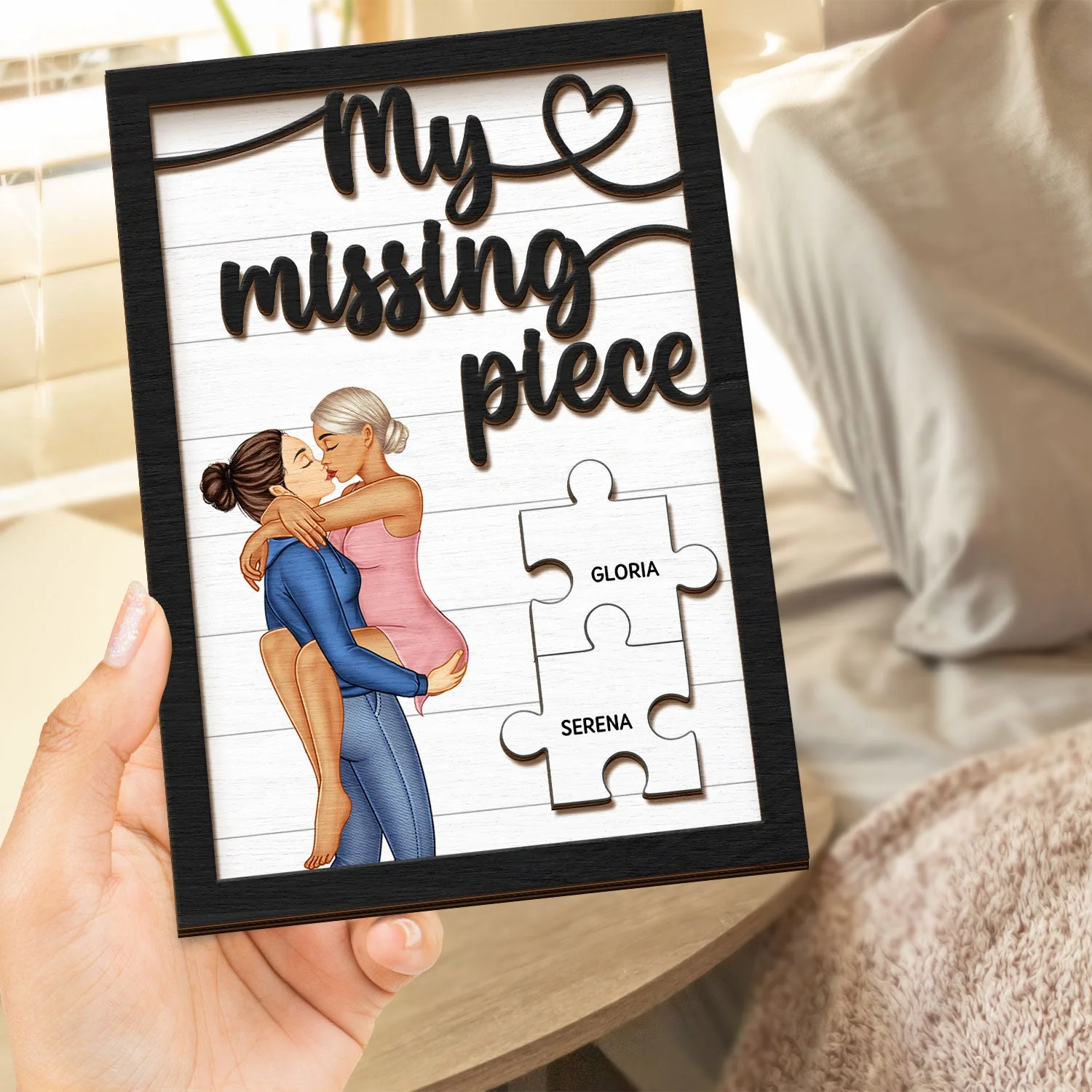 My Missing Piece Kissing Couple - Gift For Couples, Husband, Wife - Personalized 2-Layered Wooden Plaque With Stand - Image 4