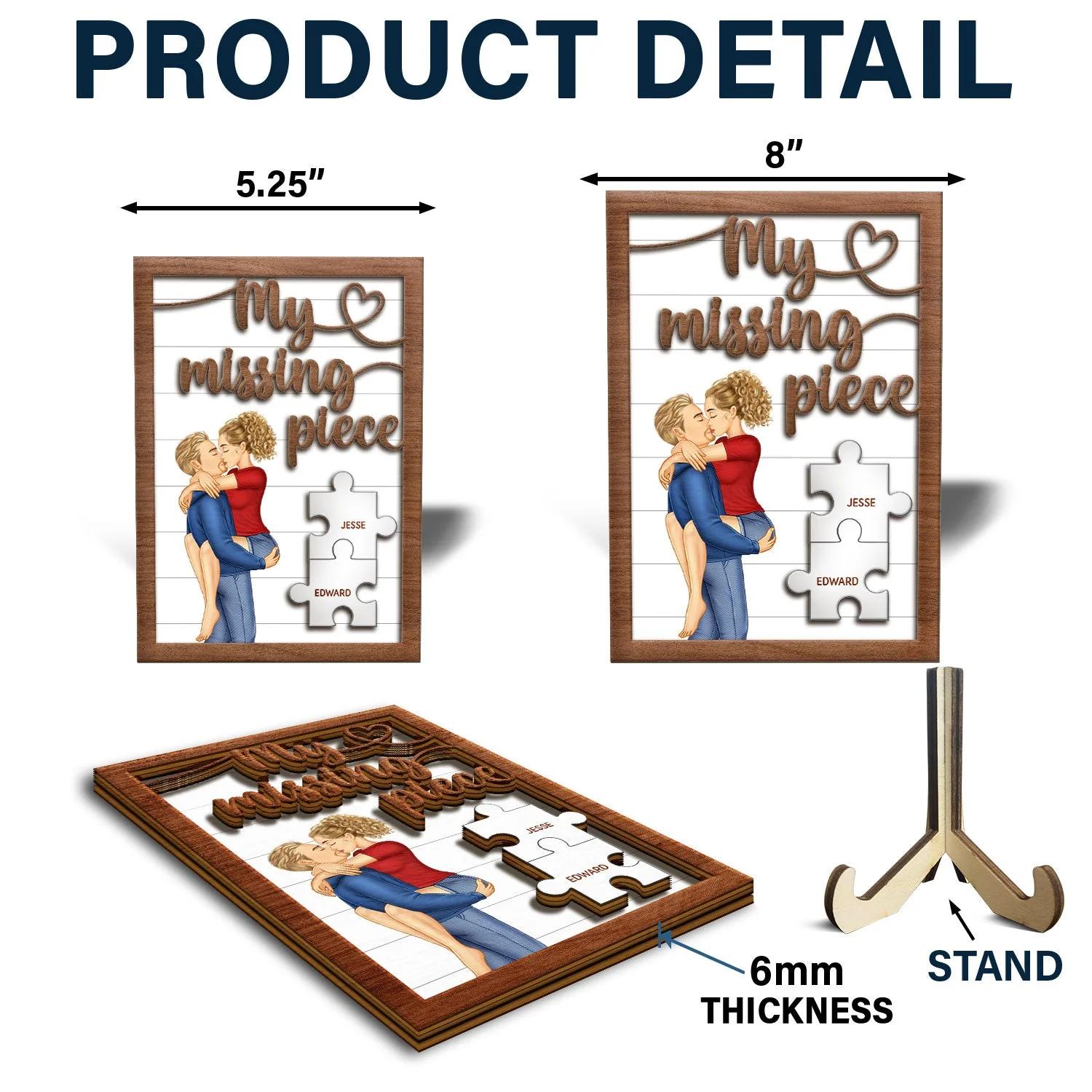 My Missing Piece Kissing Couple - Gift For Couples, Husband, Wife - Personalized 2-Layered Wooden Plaque With Stand - Image 5