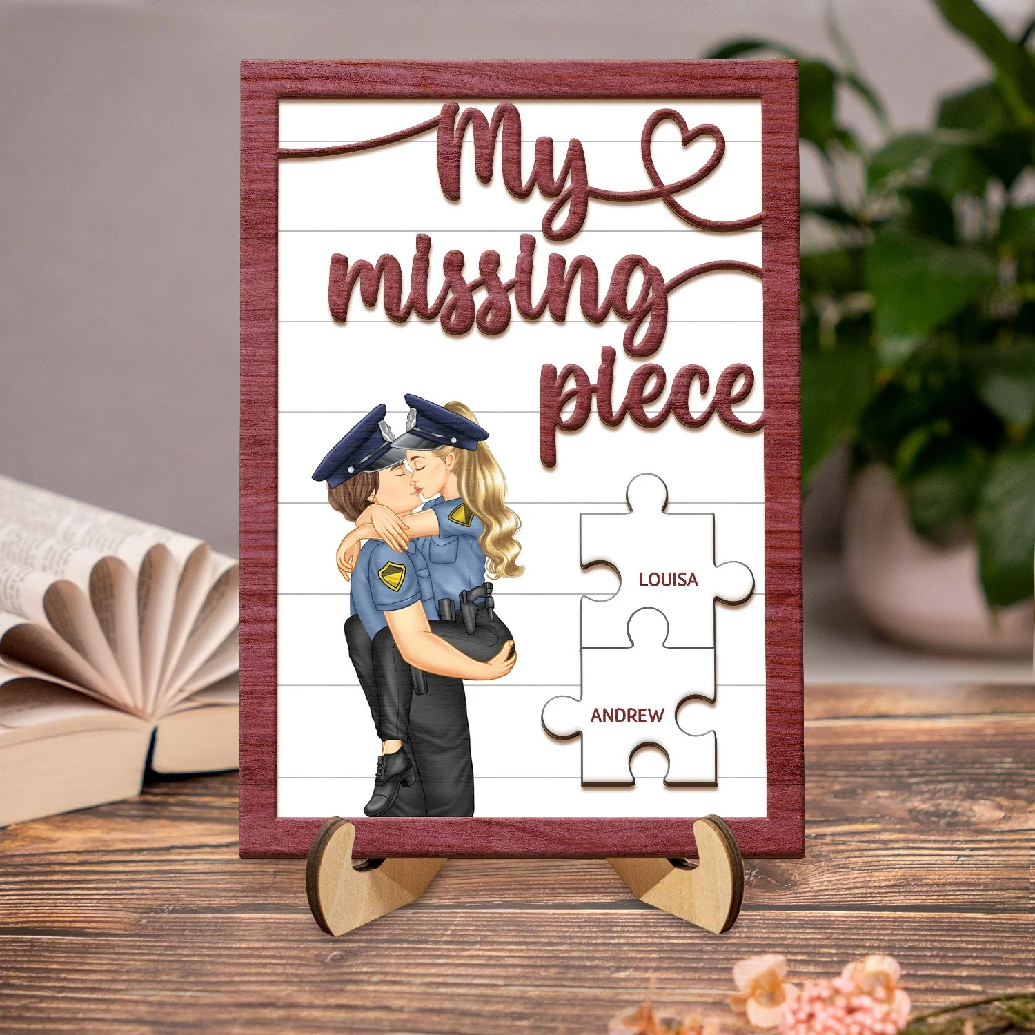 My Missing Piece Kissing Couple Occupation - Gift For Couples, Nurse, Firefighter, Police Officer - Personalized 2-Layered Wooden Plaque With Stand - Image 2