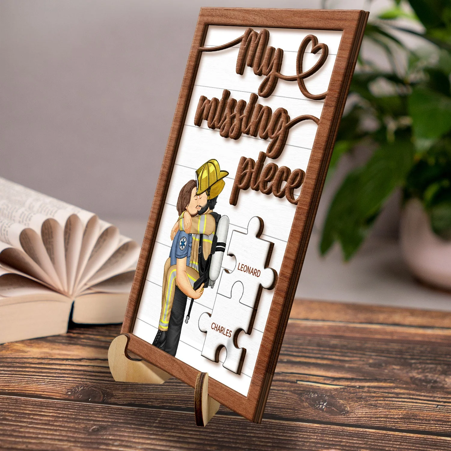 My Missing Piece Kissing Couple Occupation - Gift For Couples, Nurse, Firefighter, Police Officer - Personalized 2-Layered Wooden Plaque With Stand - Image 3