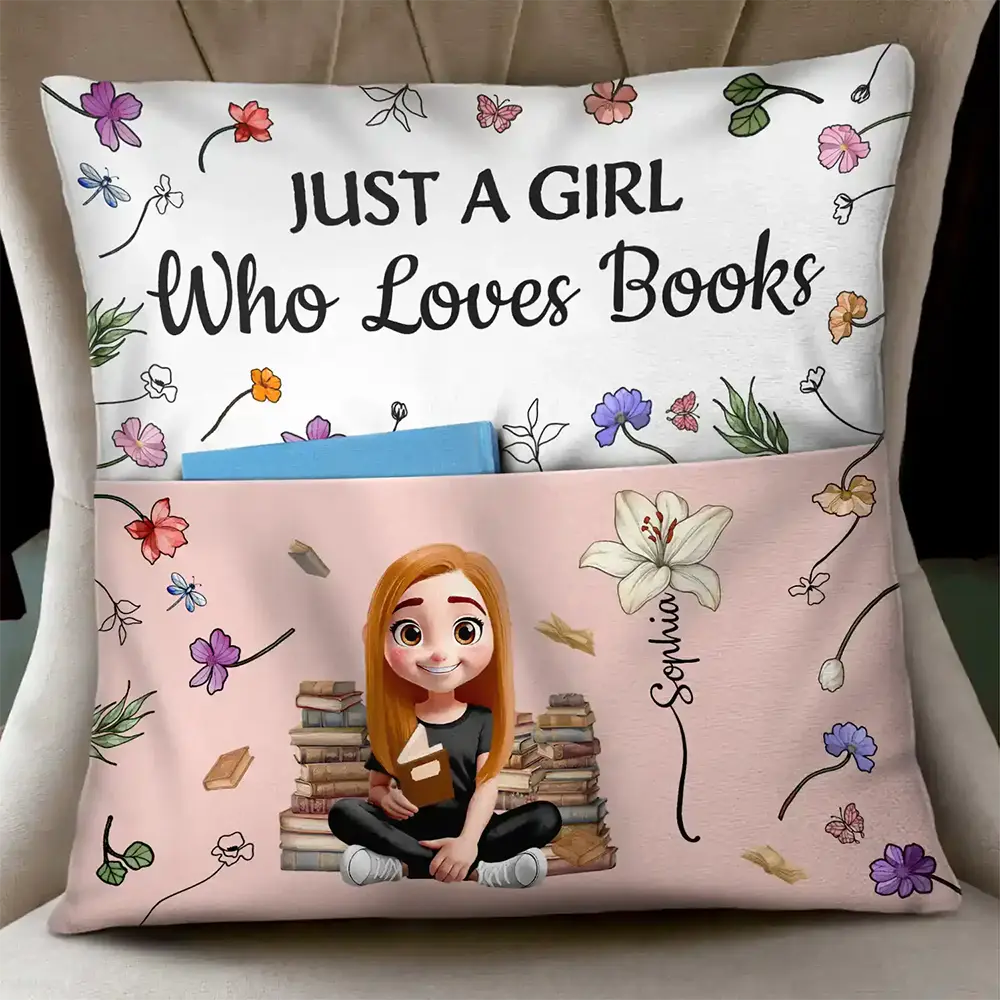 My Reading Pillow Reading Girl With Birth Month Flower - Personalised Pocket Pillow - Image 3