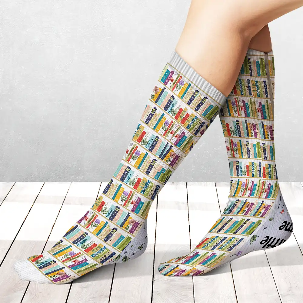 My Reading Socks Reading Girl With Birth Month Flower - Personalized Socks - Image 2