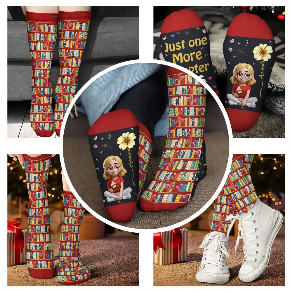 My Reading Socks Reading Girl With Birth Month Flower - Personalized Socks - Image 4