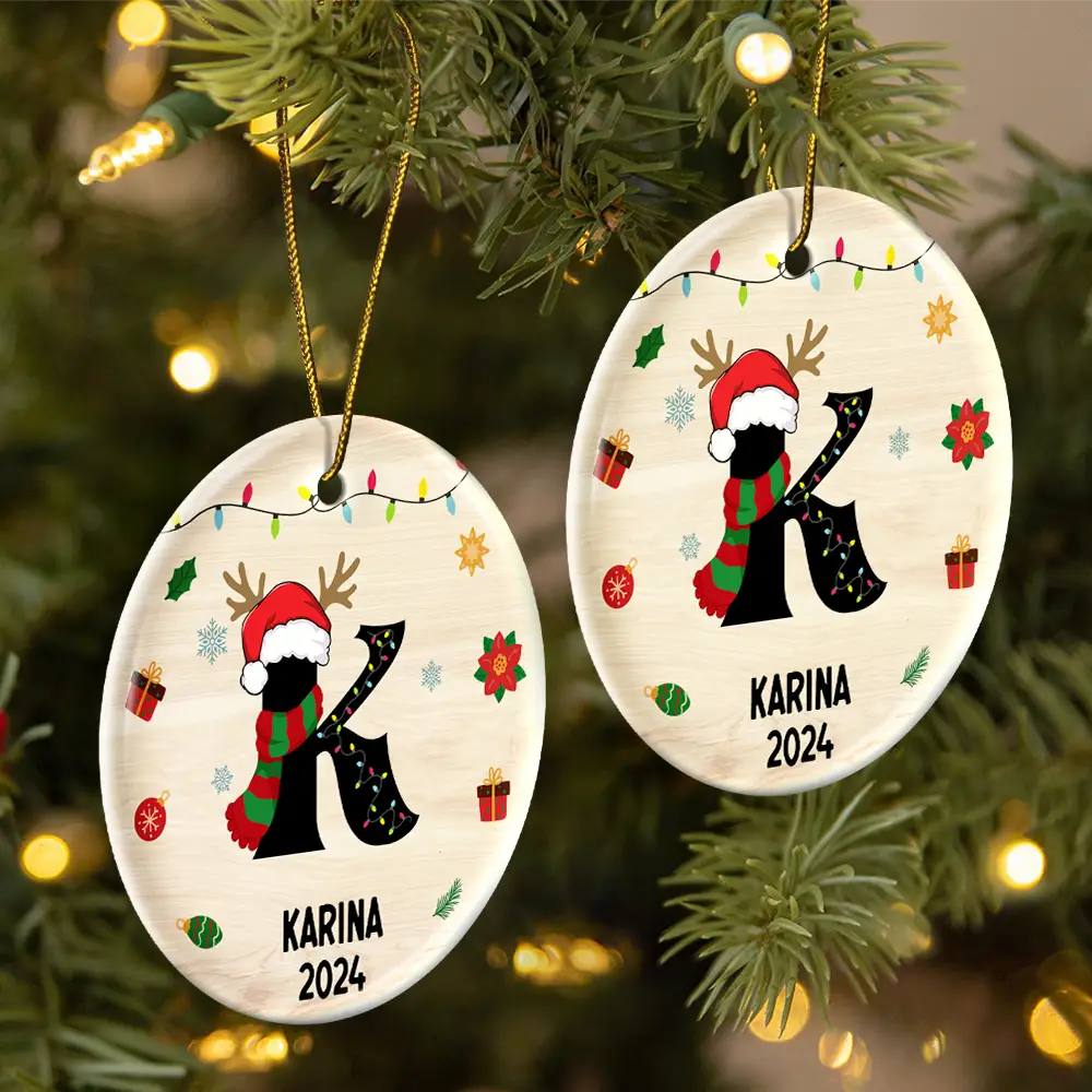 Name Monogram Christmas Family - Personalized Combo Circle Ceramic Ornament Set - Image 2