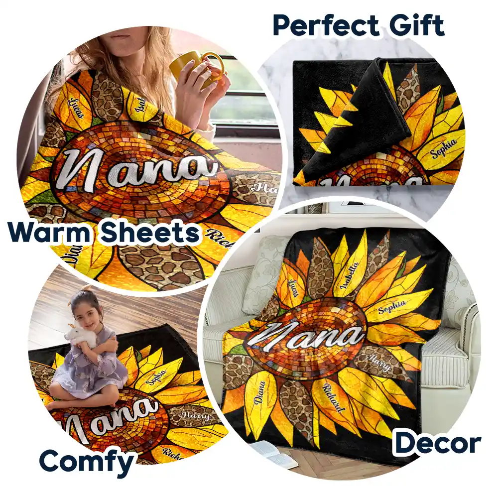 Nana Auntie Mom Family Sunflower - Personalized Fleece Blanket, Sherpa Blanket - Image 7