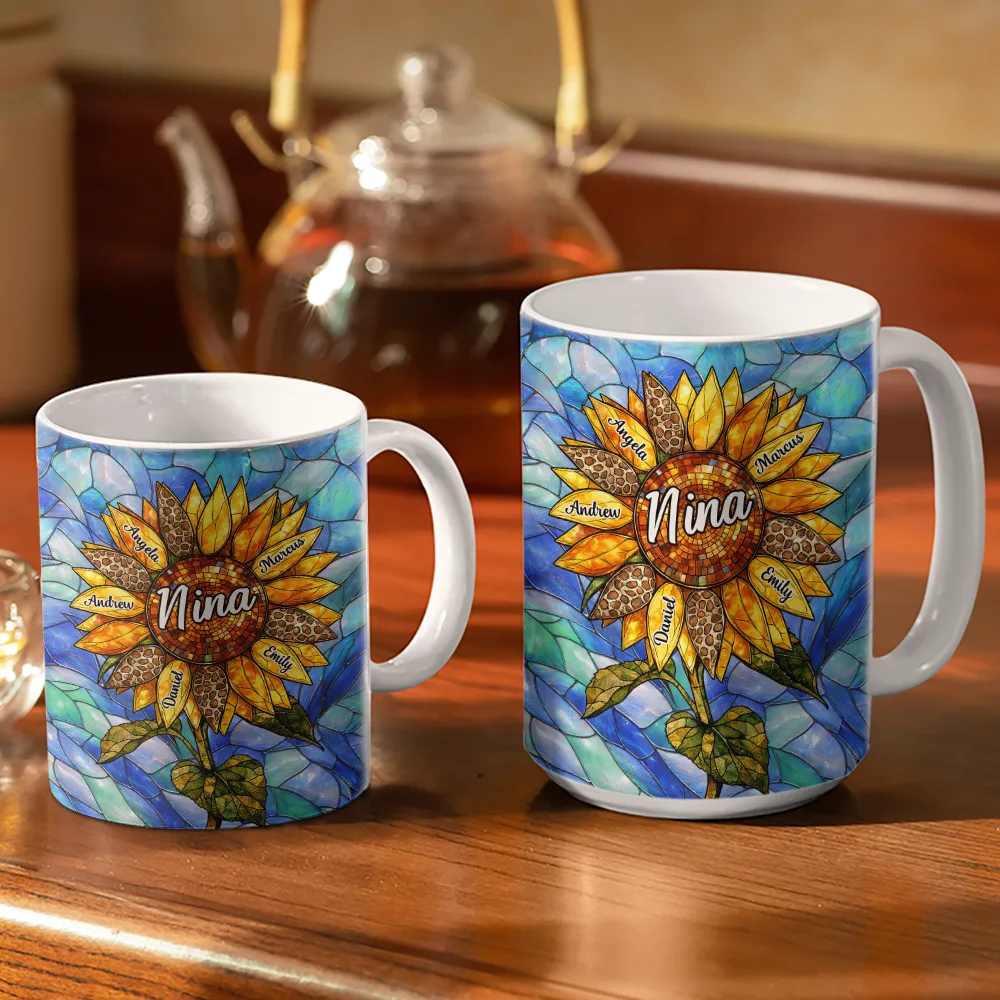 Nana Auntie Mom Family Sunflower - Stained Glass Effect - Personalized White Edge-to-Edge Mug - Image 3