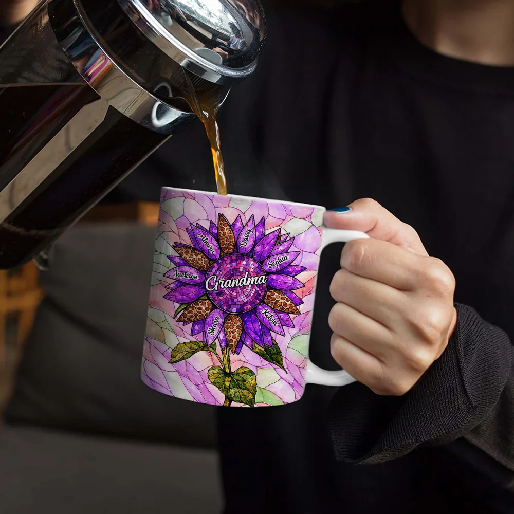 Nana Auntie Mom Family Sunflower - Stained Glass Effect - Personalized White Edge-to-Edge Mug - Image 4