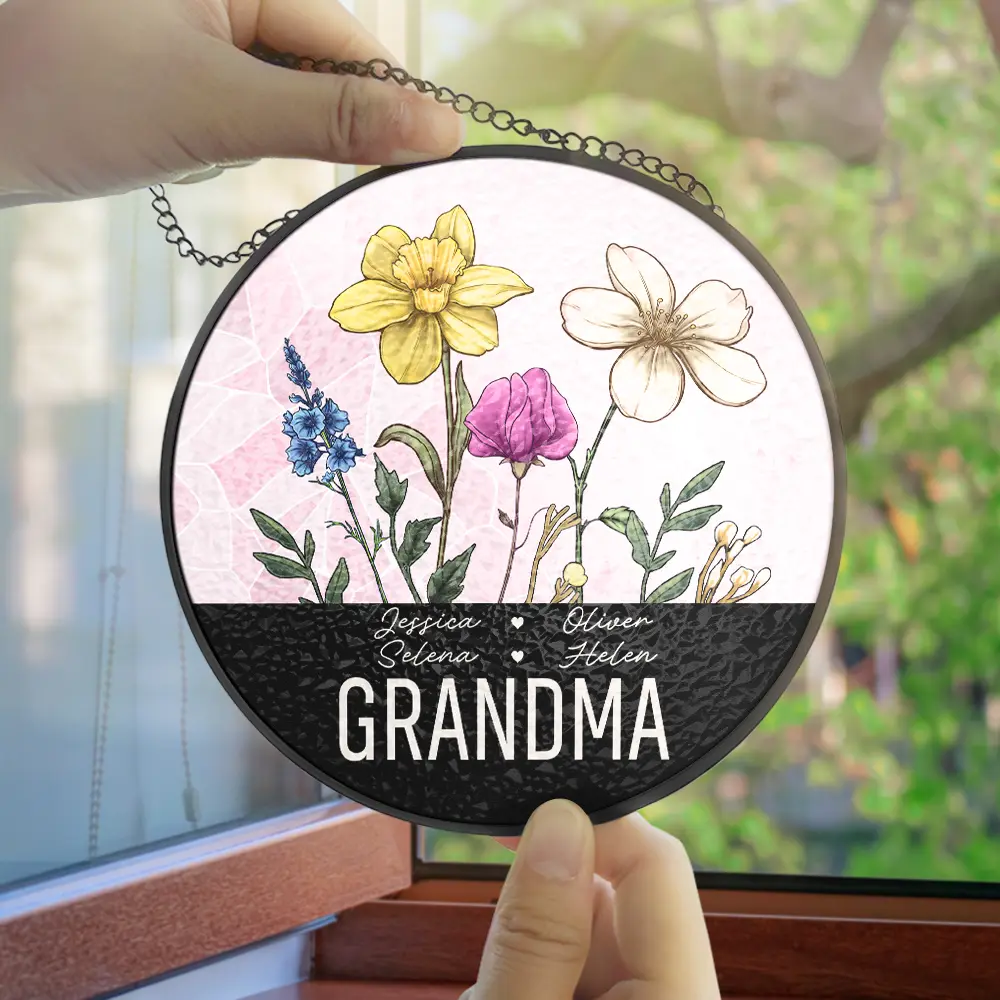 Nana Grandma Mom Birth Flowers - Personalized Stained Glass Window Hanging Suncatcher - Image 4