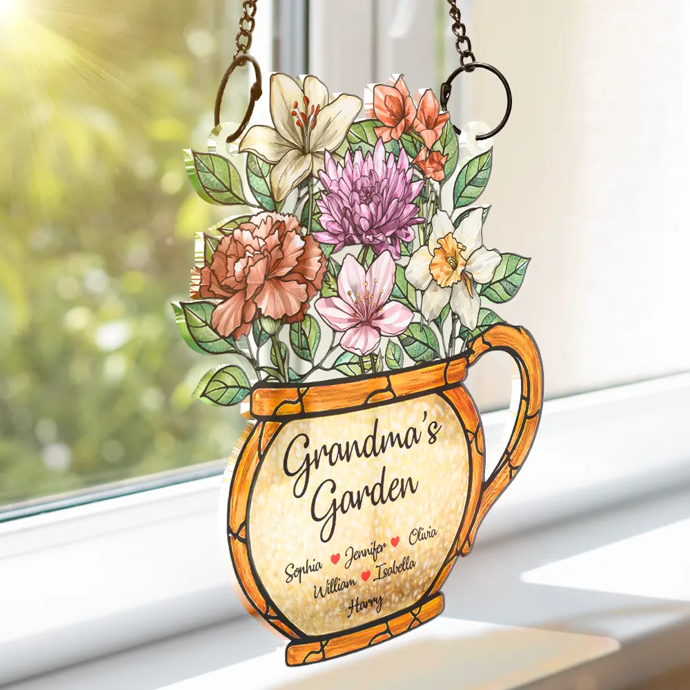 Nana Grandma's Garden Birth Month Flower - Personalized Window Hanging Suncatcher Ornament - Image 3