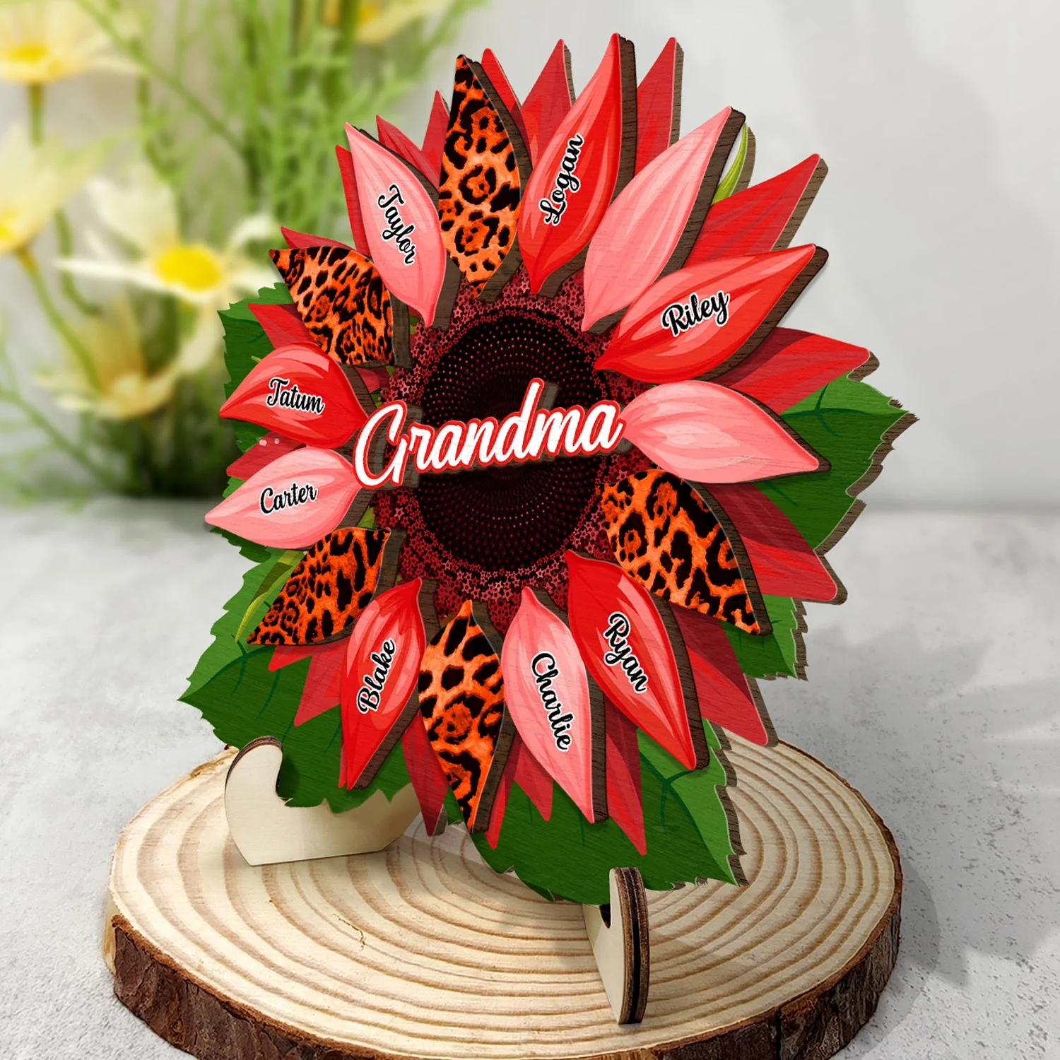 Nana, Mom, Auntie Family Sunflower - Birthday, Loving Gift For Mother, Grandma, Grandmother - Personalized 2-Layered Wooden Plaque With Stand - Image 2