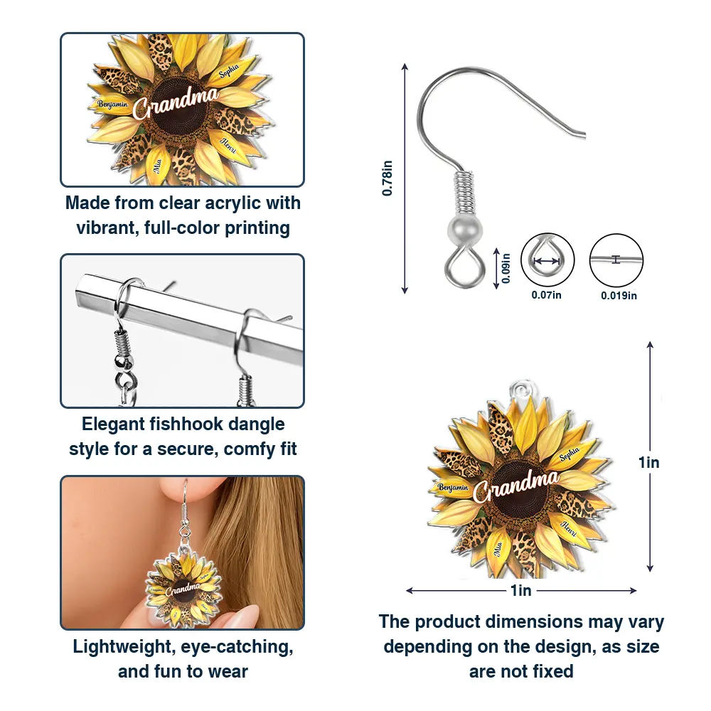Nana, Mom, Auntie Family Sunflower - Personalized Acrylic Earrings - Image 7