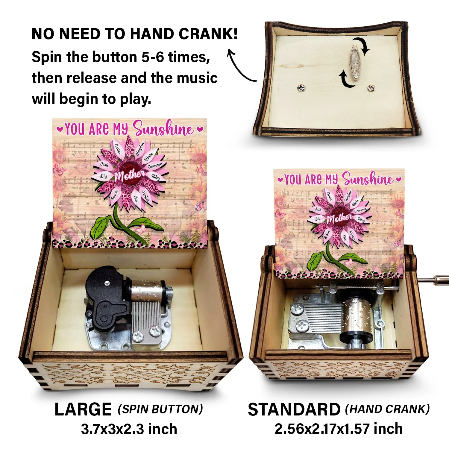 Nana, Mom, Auntie You Are My Sunshine - Birthday, Loving Gift For Mother, Grandma, Grandmother - Personalized Spin Button, Hand Crank Music Box - Image 4