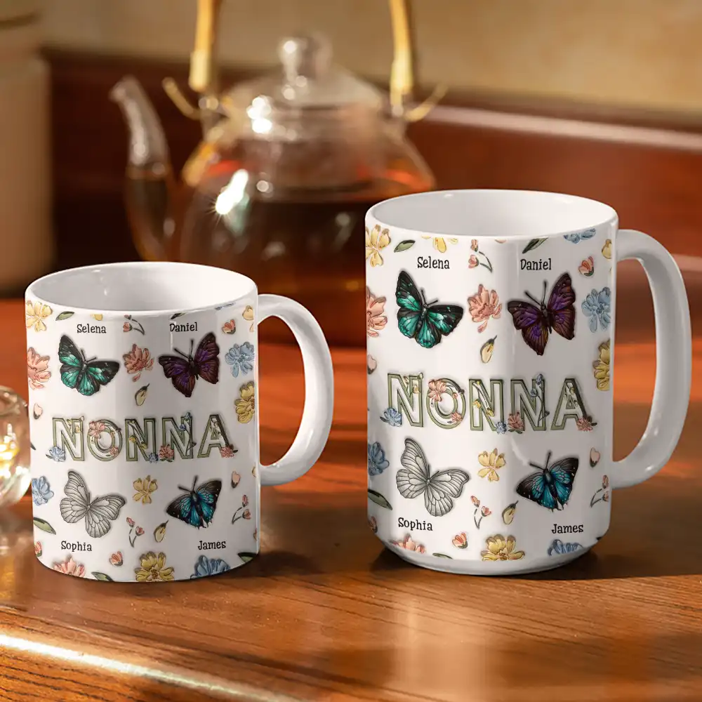 Nana Mom Birth Butterflies - 3D Inflated Effect Printed Mug, Personalized White Edge-to-Edge Mug - Image 3